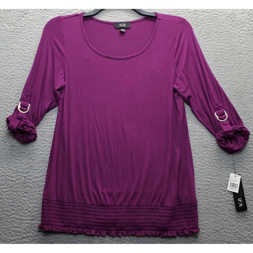 AGB Blouse Top Womens Medium Purple Roll Tab Sleeve Smocked Hem D-Ring Detail